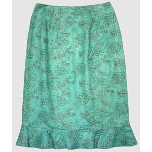 D TERRELL Suede Embroidered Floral Skirt 4 Teal Blue Lined Flounced Vintage EUC